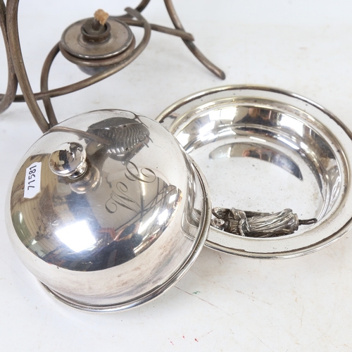 1231 - Silver plated spirit kettle on stand, muffin dish etc