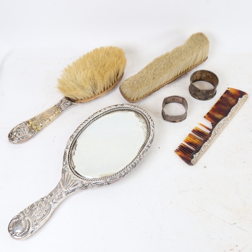 1269 - Various silver, including dressing table mirror, brushes, napkin rings etc