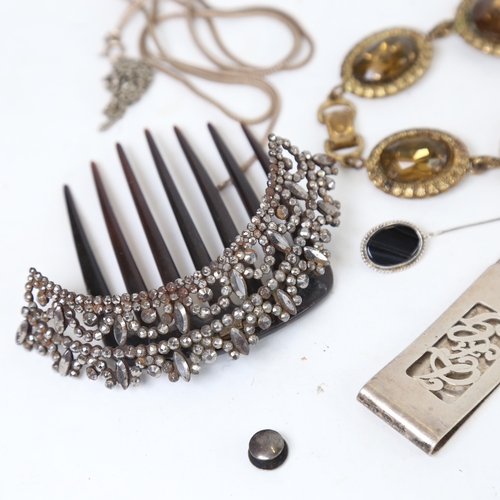 1279 - Various jewellery and silver, including cut-steel hair comb, silver money clip, silver and enamel me... 