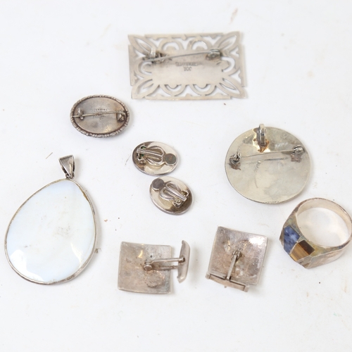 1283 - Various silver jewellery, including Mexican stone set ring, South American cufflinks etc