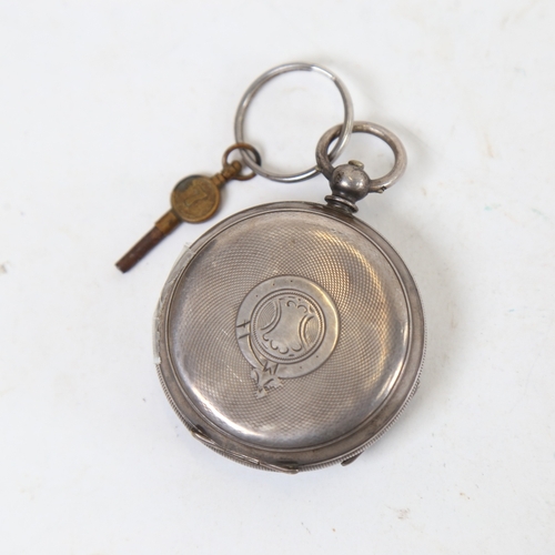 1298 - A 19th century silver-cased open-face key-wind pocket watch, applied gold Roman numeral hour markers... 