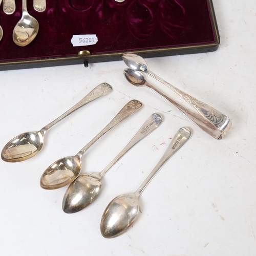 1326 - An Edwardian cased set of 12 matching silver teaspoons and a pair of sugar tongs, by W S Savage & Co... 