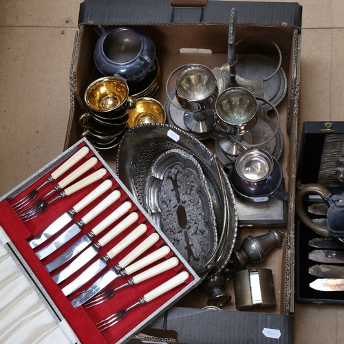 1240 - Various silver plate, including decanter stand, 3-piece tea set, cruets etc (boxful)