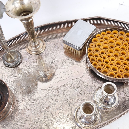 1241 - Various silver plate, including oval tea tray, wine coaster, Indian unmarked white metal spill vase ... 