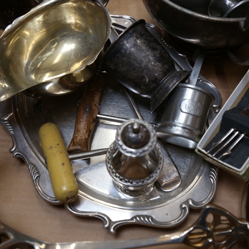 1243 - Various silver plate, including cream jug, large toast rack, Arts and Crafts style candlesticks etc ... 