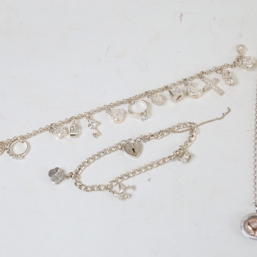 1257 - Various silver jewellery, including charm bracelet, locket, pendant necklace etc