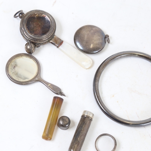 1258 - Various silver, including novelty miniature dressing table hand mirror chatelaine attachment, slave ... 