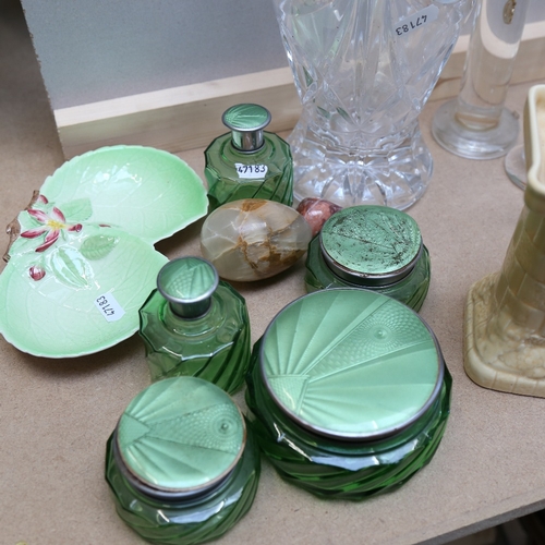 747 - Various glass and china, including Art Deco green glass and enamel dressing table jar set, hardstone... 