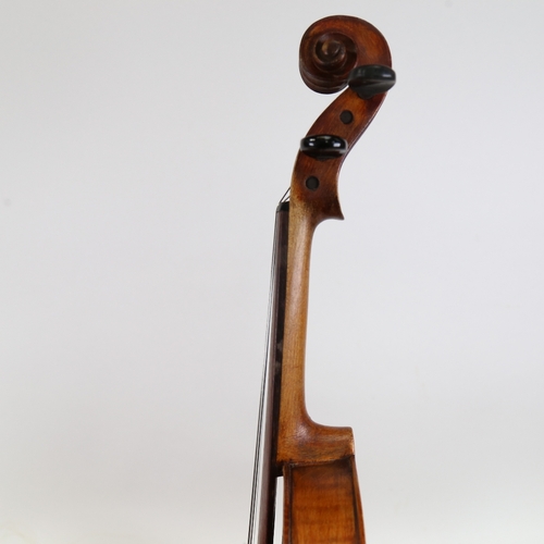 891 - A 20th century violin, and a viola, with 3 bows, in double instrument hardshell case