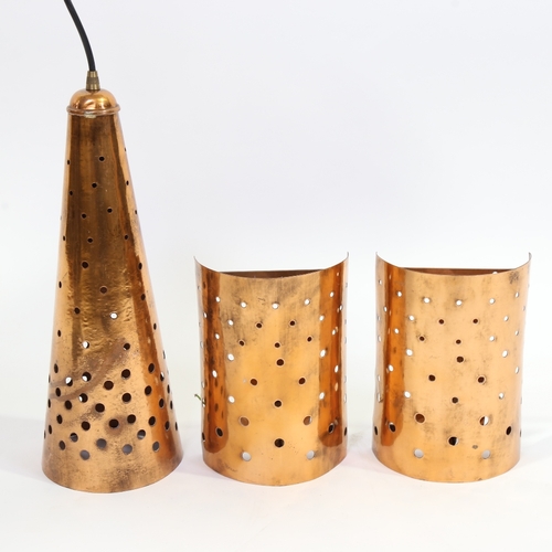 2063 - Italian style mid century copper pendant lamp and 2 matching wall lights, pendant length 45cm