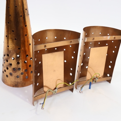 2063 - Italian style mid century copper pendant lamp and 2 matching wall lights, pendant length 45cm