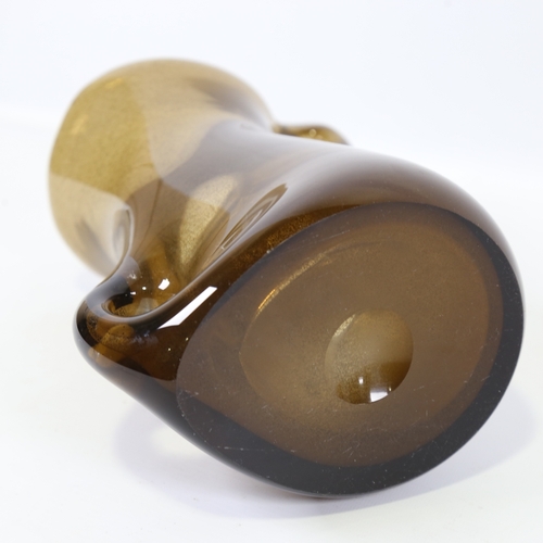 2095 - A mid-century Italian free-form blown glass vase in the manner of a AVEM, brown body with bubble inc... 