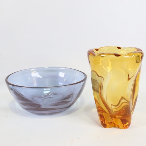 2117 - A mid-century heavy walled amber glass vase with twisted form and an optic moulded blown bowl, vase ... 