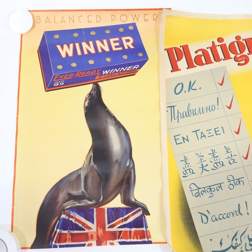 2140 - 3 1940s' advertising posters for Ever Ready batteries and Platignum pens, 78cm x 51cm