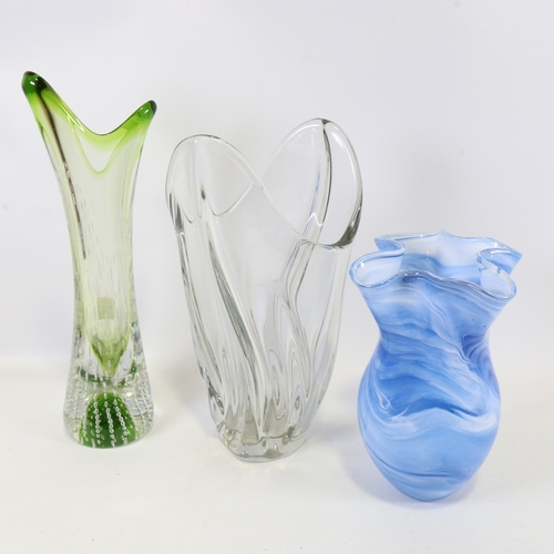 2157 - 3 mid century glass vases, 1 French lead crystal, 1 British marked Webb and another Valetta vase, ta... 