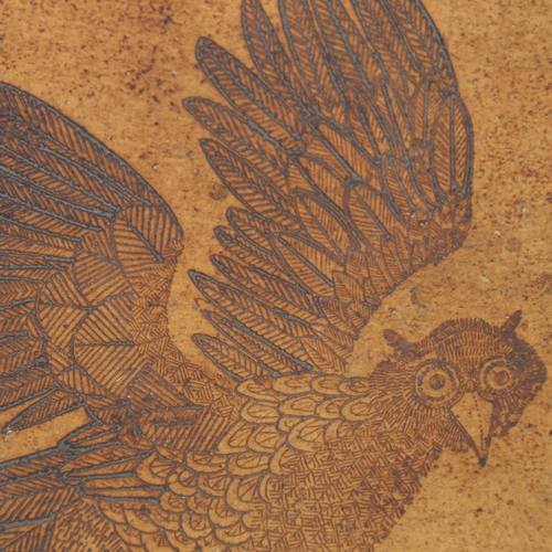 2031 - ROGER CAPRON, Vallauris, France, ceramic owl tile, signed, 22.5cm x 22.5cm