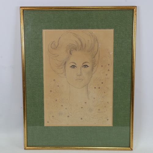 2033 - JESUS TELLOSA, Mexico, stylised pencil portrait, signed dated 1964, framed, 35cm x 24cm