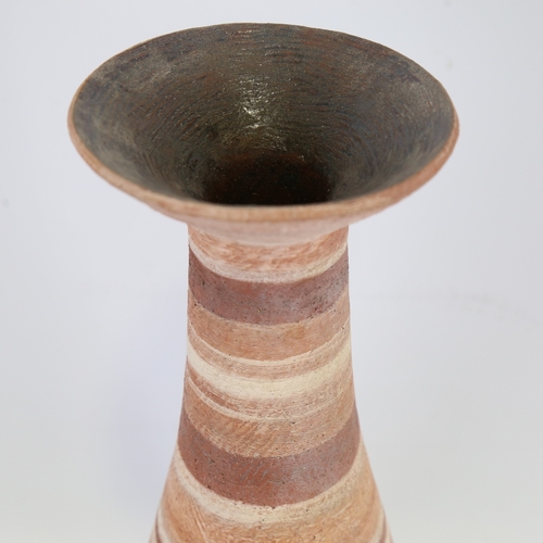 2047 - A large eartenware studio pottery vase with banded and scraffito surface, unsigned, height 44cm