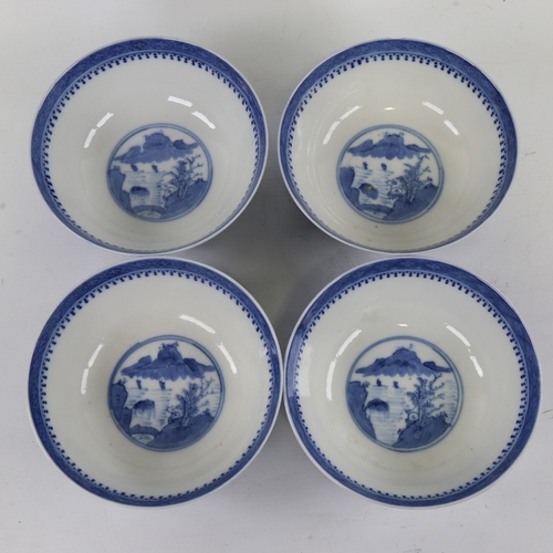 190 - A set of 4 Chinese blue and white porcelain bowls, hand painted pagoda scenes, indistinct marks unde... 