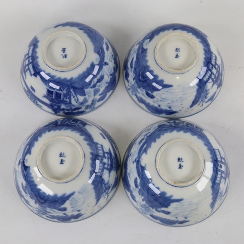 190 - A set of 4 Chinese blue and white porcelain bowls, hand painted pagoda scenes, indistinct marks unde... 