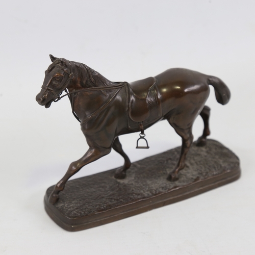 192 - A small 19th century bronze patinated spelter saddled horse, unsigned, base length 14.5cm