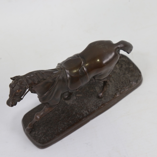 192 - A small 19th century bronze patinated spelter saddled horse, unsigned, base length 14.5cm