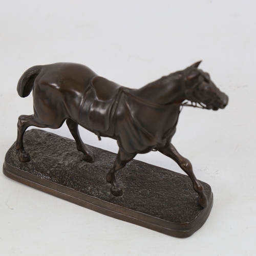 192 - A small 19th century bronze patinated spelter saddled horse, unsigned, base length 14.5cm