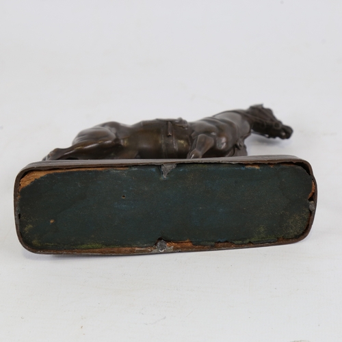 192 - A small 19th century bronze patinated spelter saddled horse, unsigned, base length 14.5cm