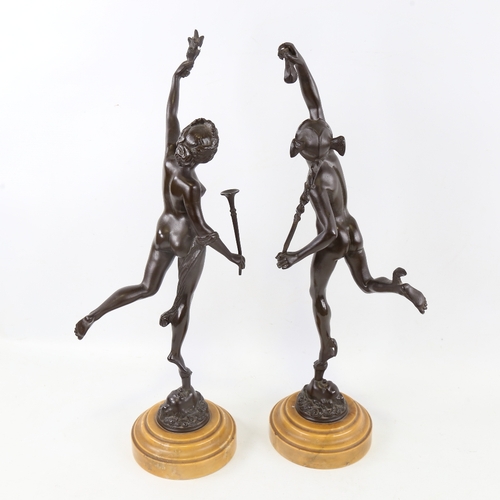 197 - A pair of 19th century patinated bronze sculptures, Classical Greek gods, unsigned, on coloured marb... 