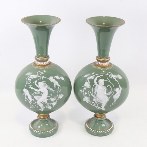 199 - A pair of 19th century green glass moon-shaped vases with pate sur pate Classical figure decoration,... 