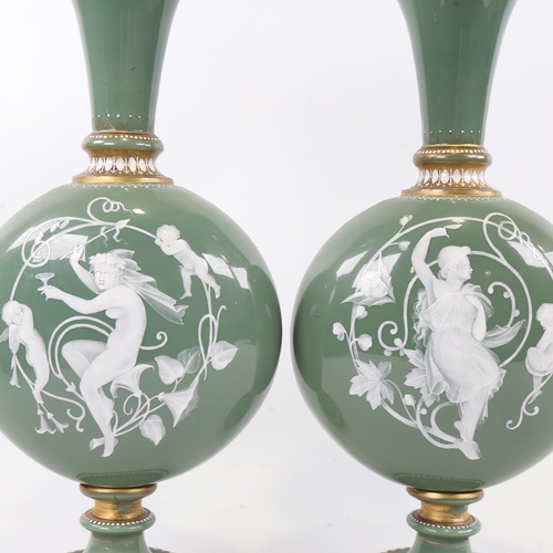 199 - A pair of 19th century green glass moon-shaped vases with pate sur pate Classical figure decoration,... 