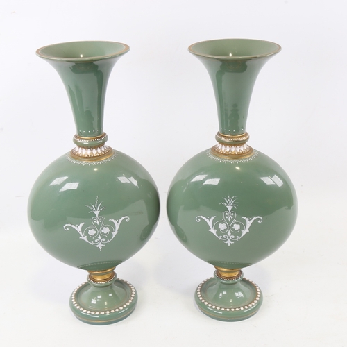 199 - A pair of 19th century green glass moon-shaped vases with pate sur pate Classical figure decoration,... 