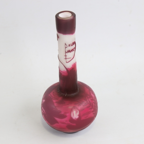 205 - DAUM NANCY - red and white overlay cameo glass shaft and globe vase, with lily designs, height 16cm