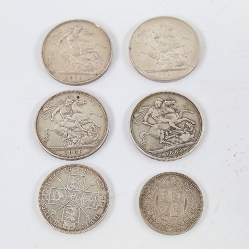 229 - 6 Victorian coins all 1889, 4 Crwons, 1 Half-Crown, 1 Double Florin