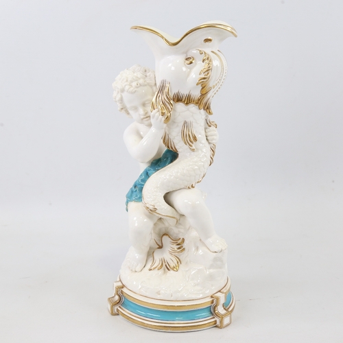 237 - 19th century Minton white and turquoise glaze porcelain cherub holding a gurgle fish, gilded decorat... 