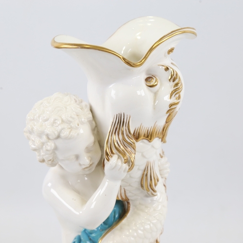 237 - 19th century Minton white and turquoise glaze porcelain cherub holding a gurgle fish, gilded decorat... 