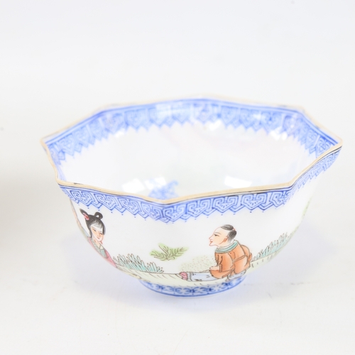 239 - A Chinese fine porcelain rice bowl, hand painted figures in gardens, seal mark under base, 10cm acro... 