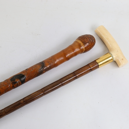 246 - A Japanese carved rootwood walking cane with later tip, and an ivory-handled walking cane with gilt-... 