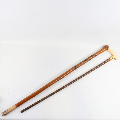 246 - A Japanese carved rootwood walking cane with later tip, and an ivory-handled walking cane with gilt-... 