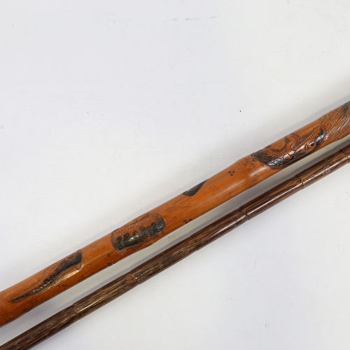 246 - A Japanese carved rootwood walking cane with later tip, and an ivory-handled walking cane with gilt-... 