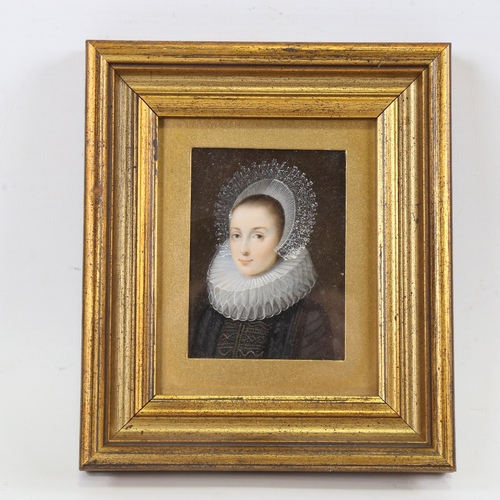 111 - A miniature painted portrait of an Elizabethan woman wearing a ruff and lace cap, probably painted o... 