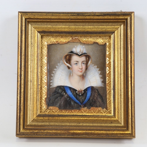 112 - A miniature painted portrait of a woman wearing a large lace collar and bonnet, probably painted on ... 