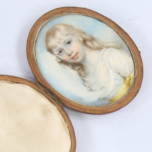 113 - 19th century miniature painted portrait on ivory, depicting a young girl wearing a lace-trimmed dres... 