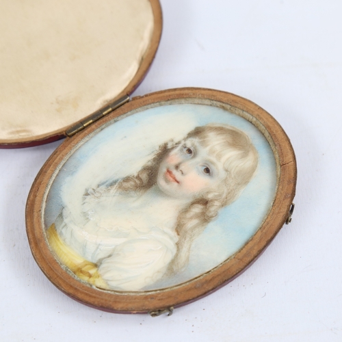 113 - 19th century miniature painted portrait on ivory, depicting a young girl wearing a lace-trimmed dres... 