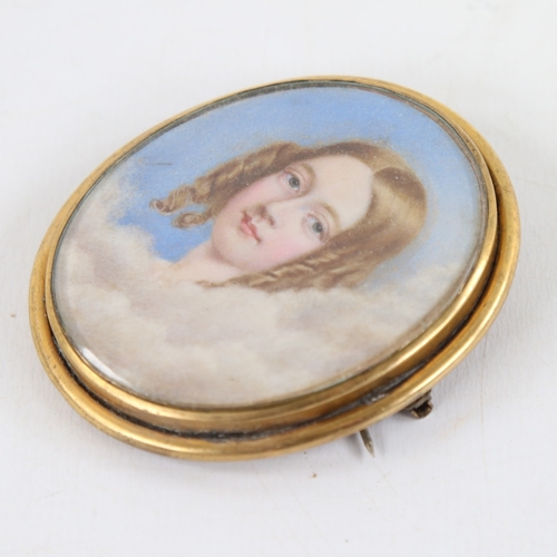 114 - A 19th century miniature painting on ivory, portrait of a young woman with ringlets in her hair, uns... 