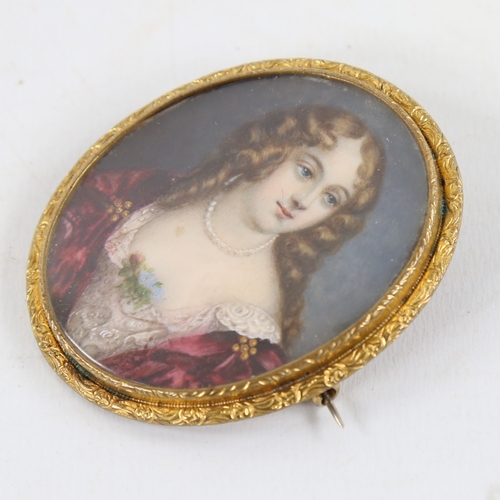 117 - Early 19th century miniature painting on ivory, portrait of a woman wearing a floral trimmed dress, ... 