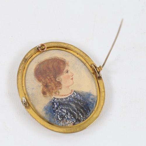 117 - Early 19th century miniature painting on ivory, portrait of a woman wearing a floral trimmed dress, ... 