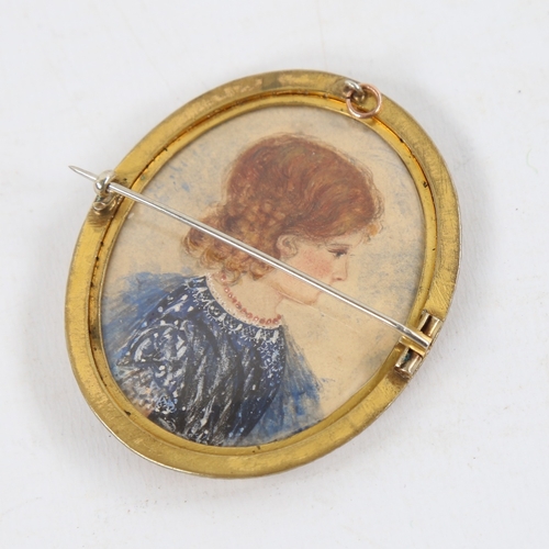 117 - Early 19th century miniature painting on ivory, portrait of a woman wearing a floral trimmed dress, ... 