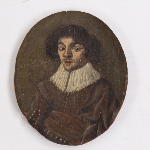 119 - An Antique miniature oil on panel, portrait of a gentleman wearing a ruff, indistinct handwritten pa... 