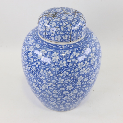 123 - A Chinese blue and white porcelain jar and cover, hand painted blossom decoration with painted marks... 